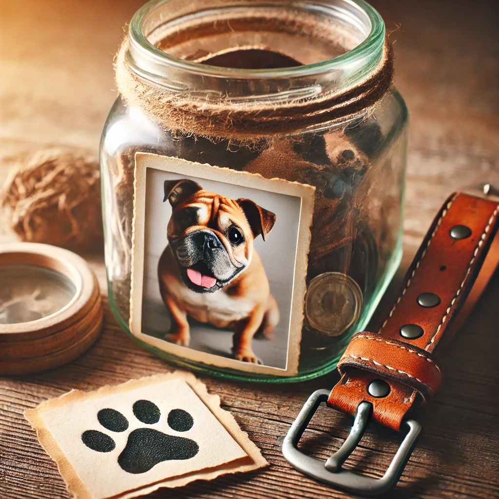 A glass memory jar filled with a brown leather dog collar, a framed picture of a bulldog, and a paw print keepsake, symbolizing pet remembrance and grief support.