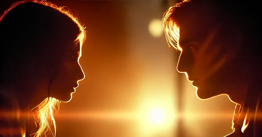 A man and woman face each other in deep conversation, silhouetted by a warm, golden light. Their expressions are intense and emotional, capturing the weight of an important, possibly final conversation.