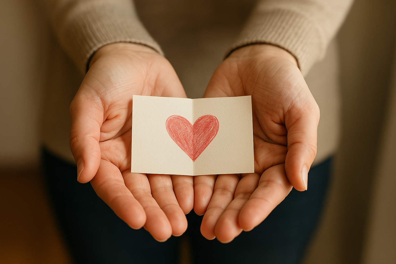 Hands gently holding a folded paper with a red heart, symbolizing love, memory, and storytelling in a meaningful obituary.