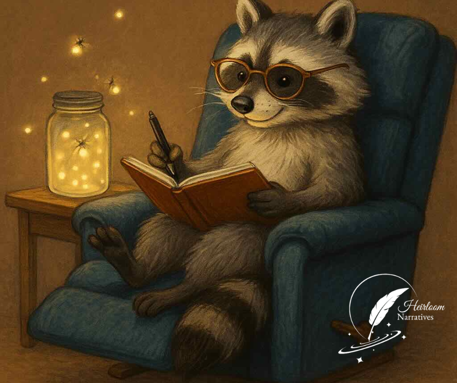 Raccoon writing in a journal by firefly light, symbolizing memory and unsaid words – Heirloom Narratives