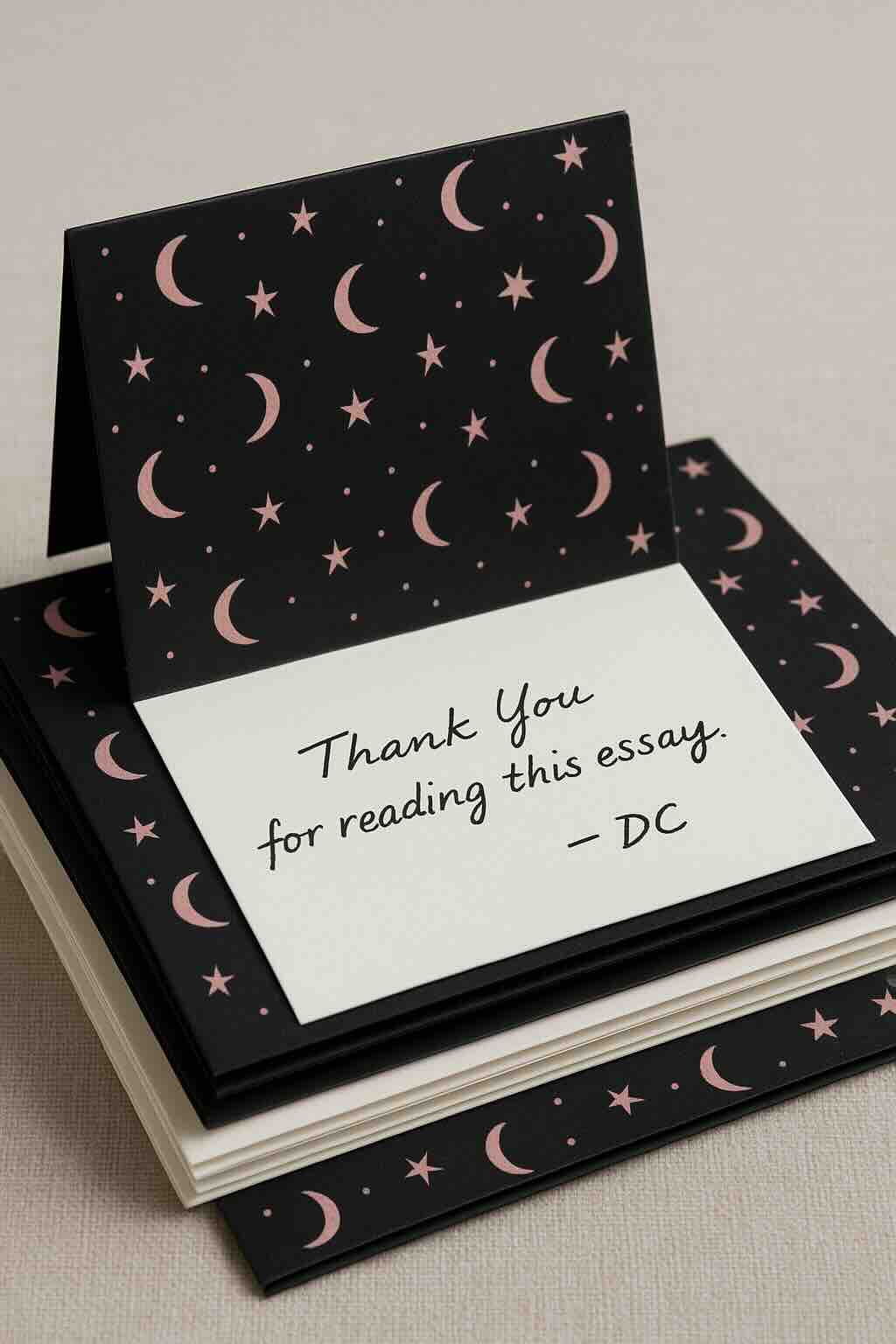 A folded thank-you card with the message “Thank You for reading this essay. – DC” in black ink, white inside, black cover with pink moons and stars, on a stack of matching stationery and envelopes.